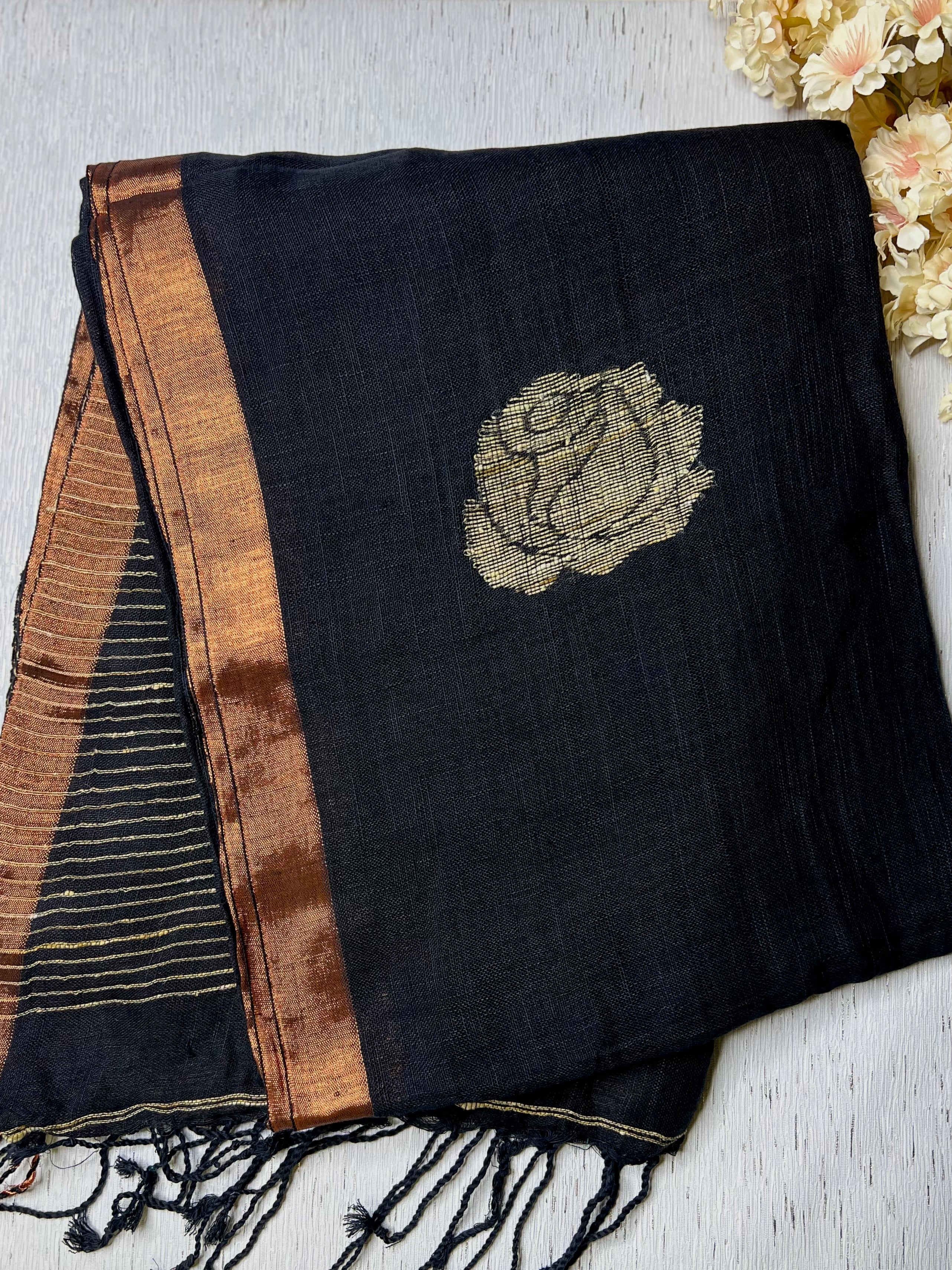 Handwoven Linen Saree - Rose Black + Zari