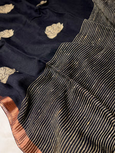 Handwoven Linen Saree - Rose Black + Zari