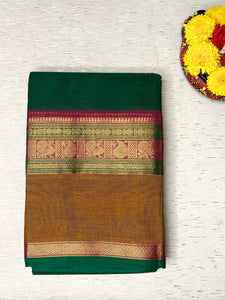 Kanchi Cotton Saree - Bottle Green + Zest Copper