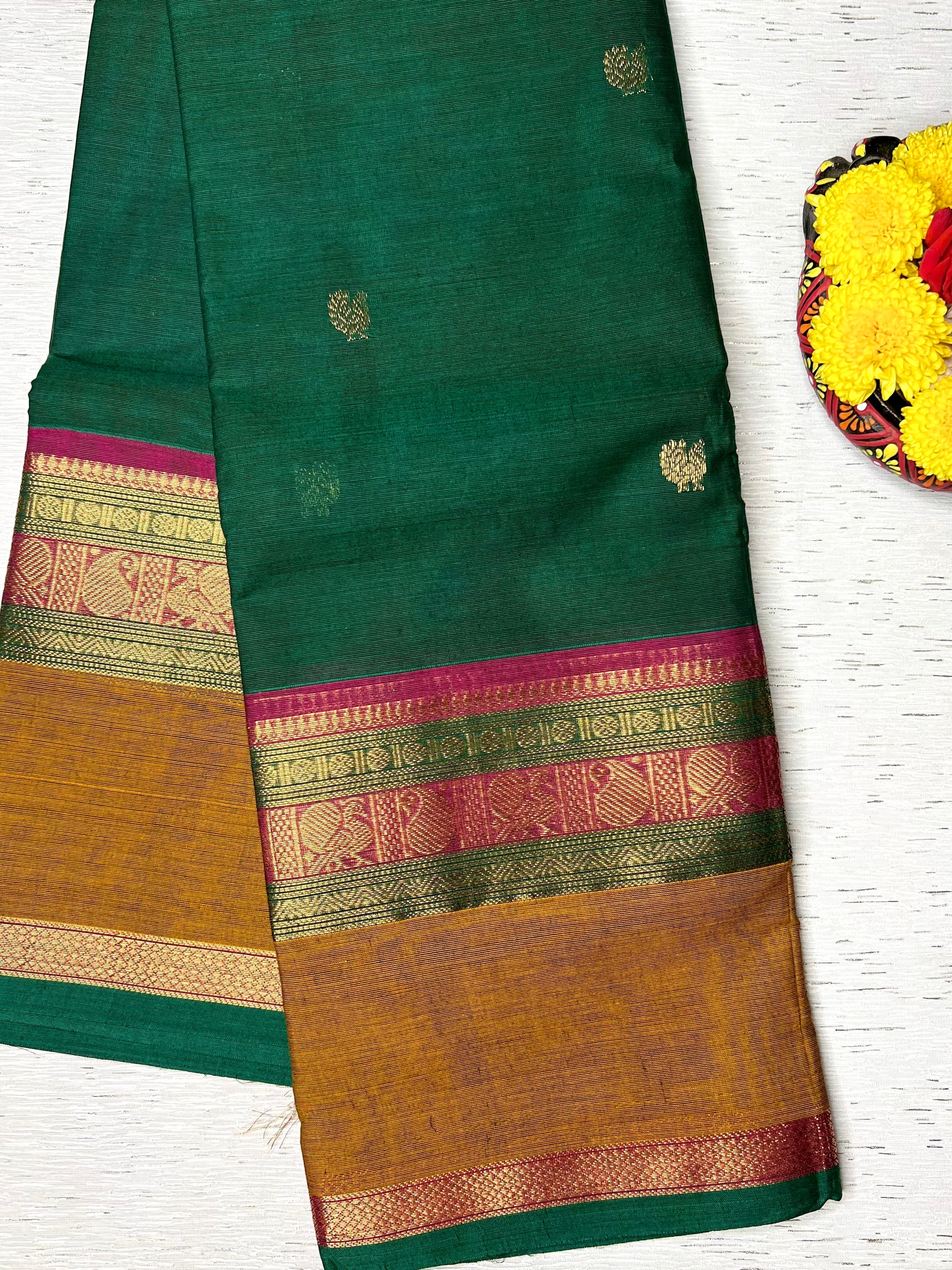 Kanchi Cotton Saree - Bottle Green + Zest Copper