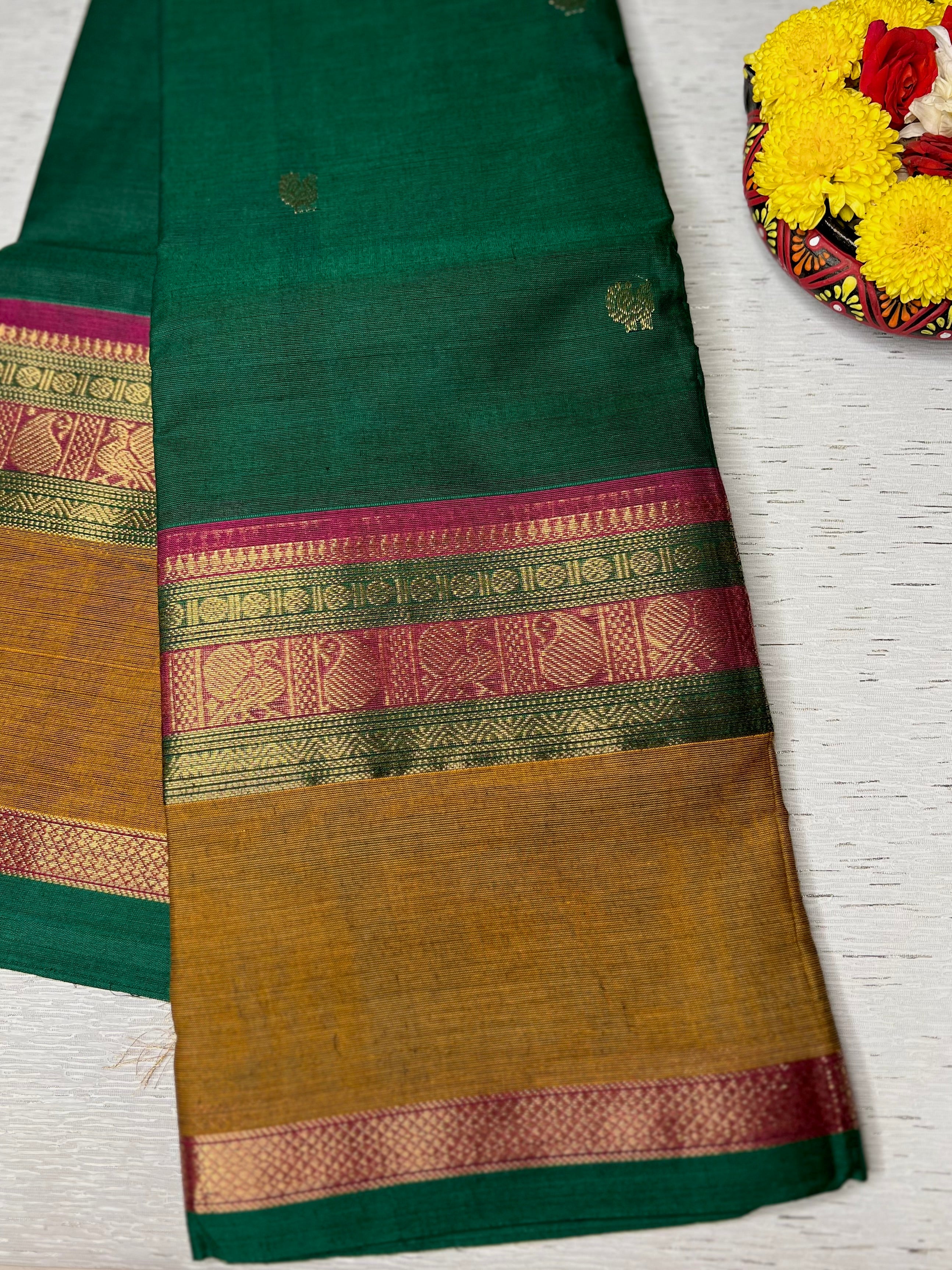 Kanchi Cotton Saree - Bottle Green + Zest Copper