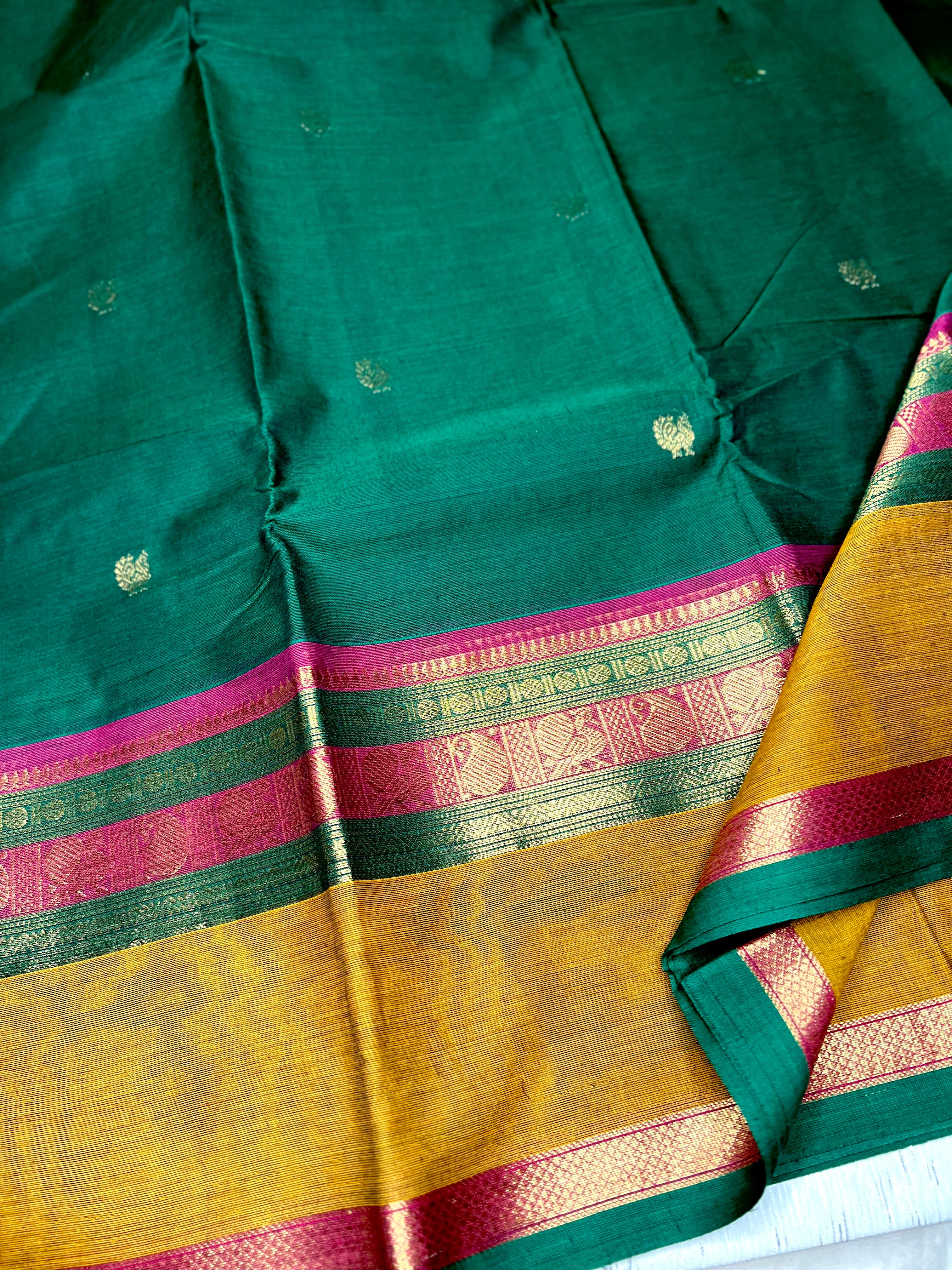 Kanchi Cotton Saree - Bottle Green + Zest Copper