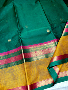 Kanchi Cotton Saree - Bottle Green + Zest Copper