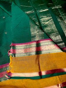 Kanchi Cotton Saree - Bottle Green + Zest Copper