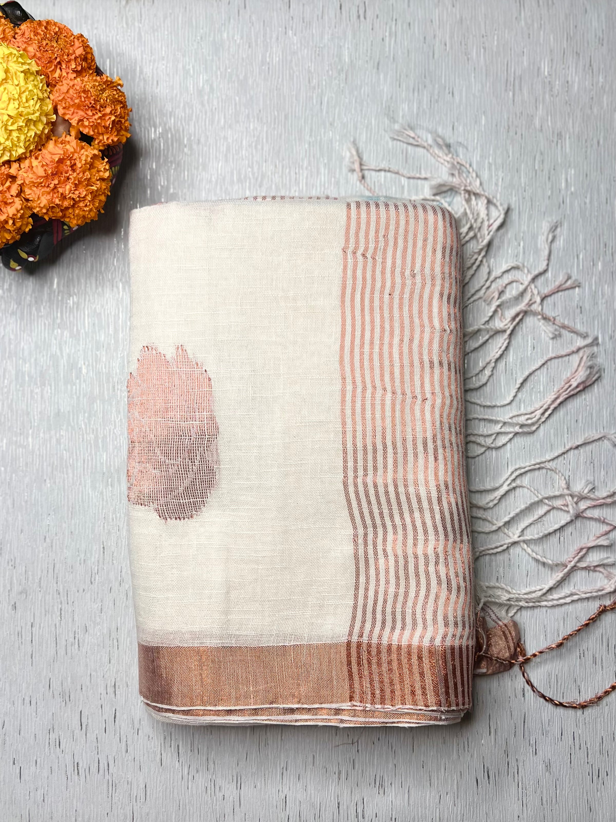 Handwoven Linen Saree - Pearl White Rose + Copper Zari