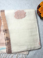 Load image into Gallery viewer, Handwoven Linen Saree - Pearl White Rose + Copper Zari
