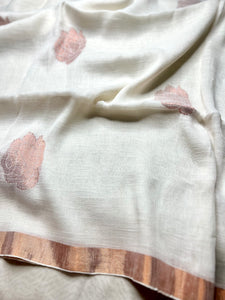 Handwoven Linen Saree - Pearl White Rose + Copper Zari