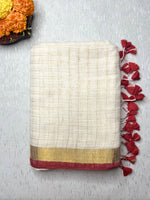 Load image into Gallery viewer, Handwoven Linen Saree - Cream White + Gold Zari
