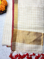 Load image into Gallery viewer, Handwoven Linen Saree - Cream White + Gold Zari
