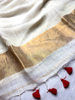 Load image into Gallery viewer, Handwoven Linen Saree - Cream White + Gold Zari
