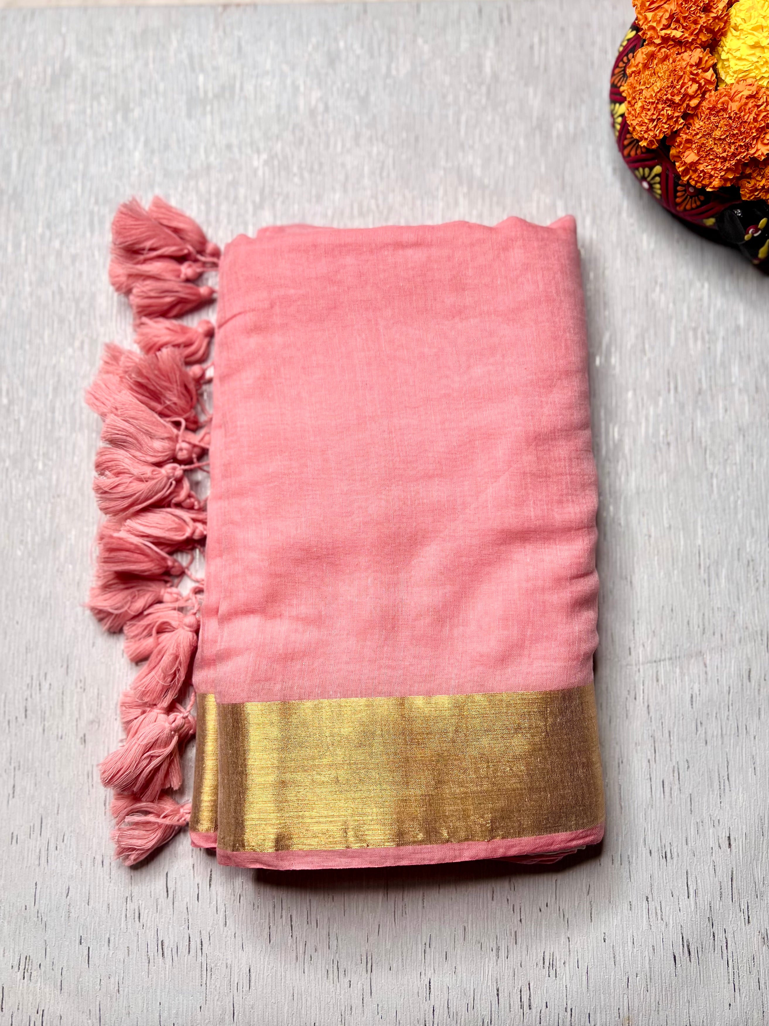 Handwoven Cotton Saree - Cream + Sea Pink