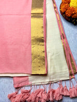 Load image into Gallery viewer, Handwoven Cotton Saree - Cream + Sea Pink
