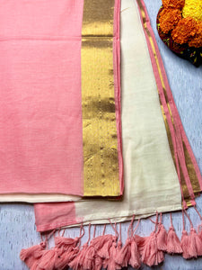 Handwoven Cotton Saree - Cream + Sea Pink