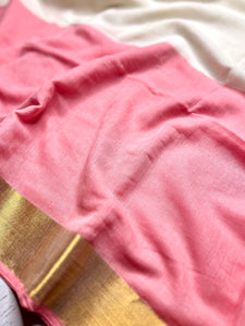 Handwoven Cotton Saree - Cream + Sea Pink