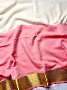 Handwoven Cotton Saree - Cream + Sea Pink