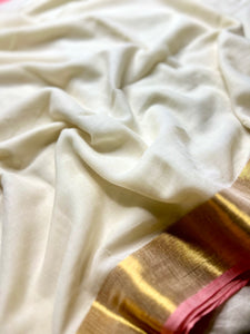 Handwoven Cotton Saree - Cream + Sea Pink