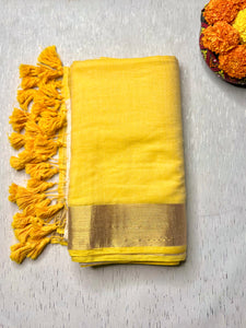 Handwoven Cotton Saree - Cream + Energy Yellow