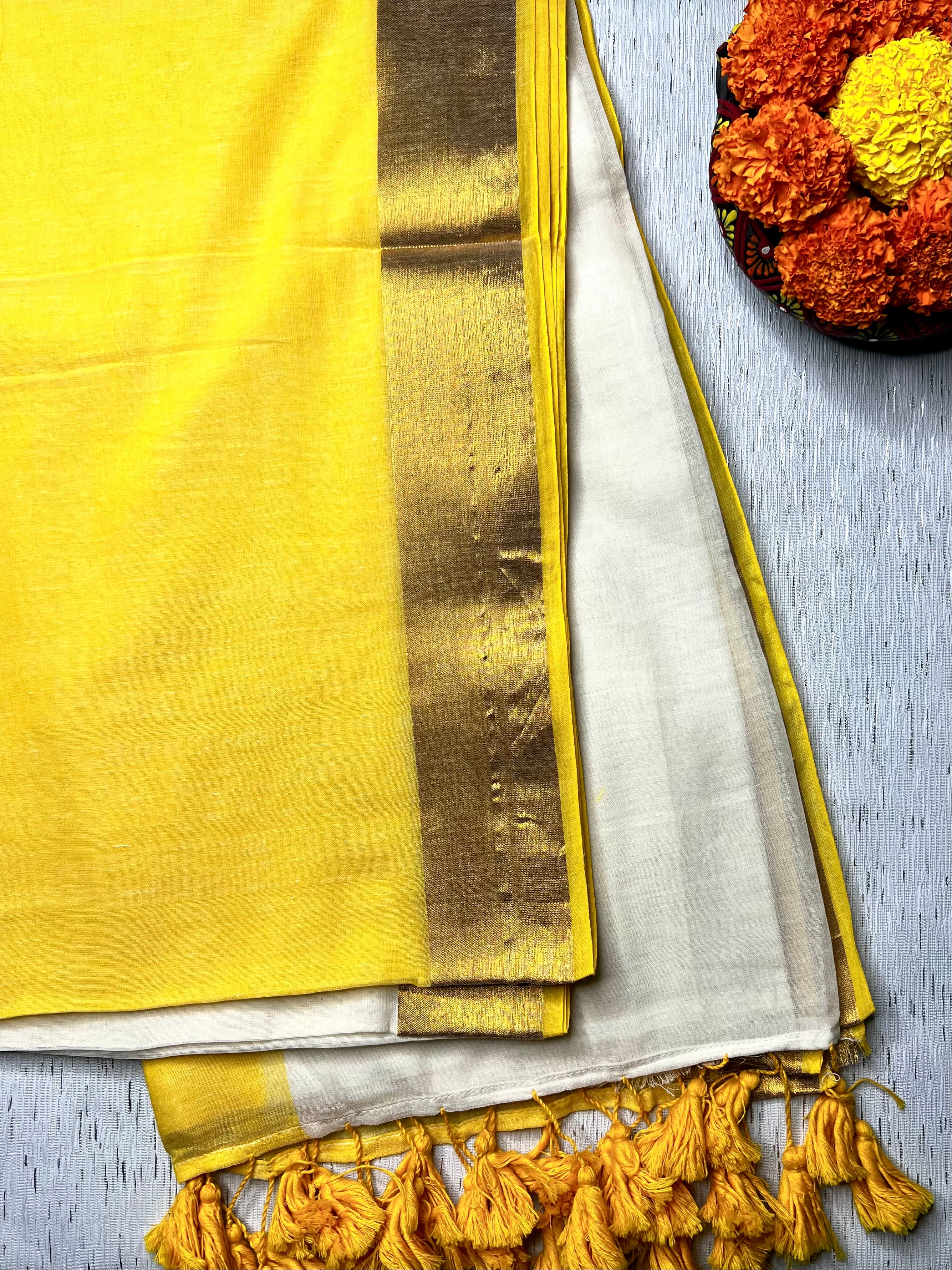 Handwoven Cotton Saree - Cream + Energy Yellow