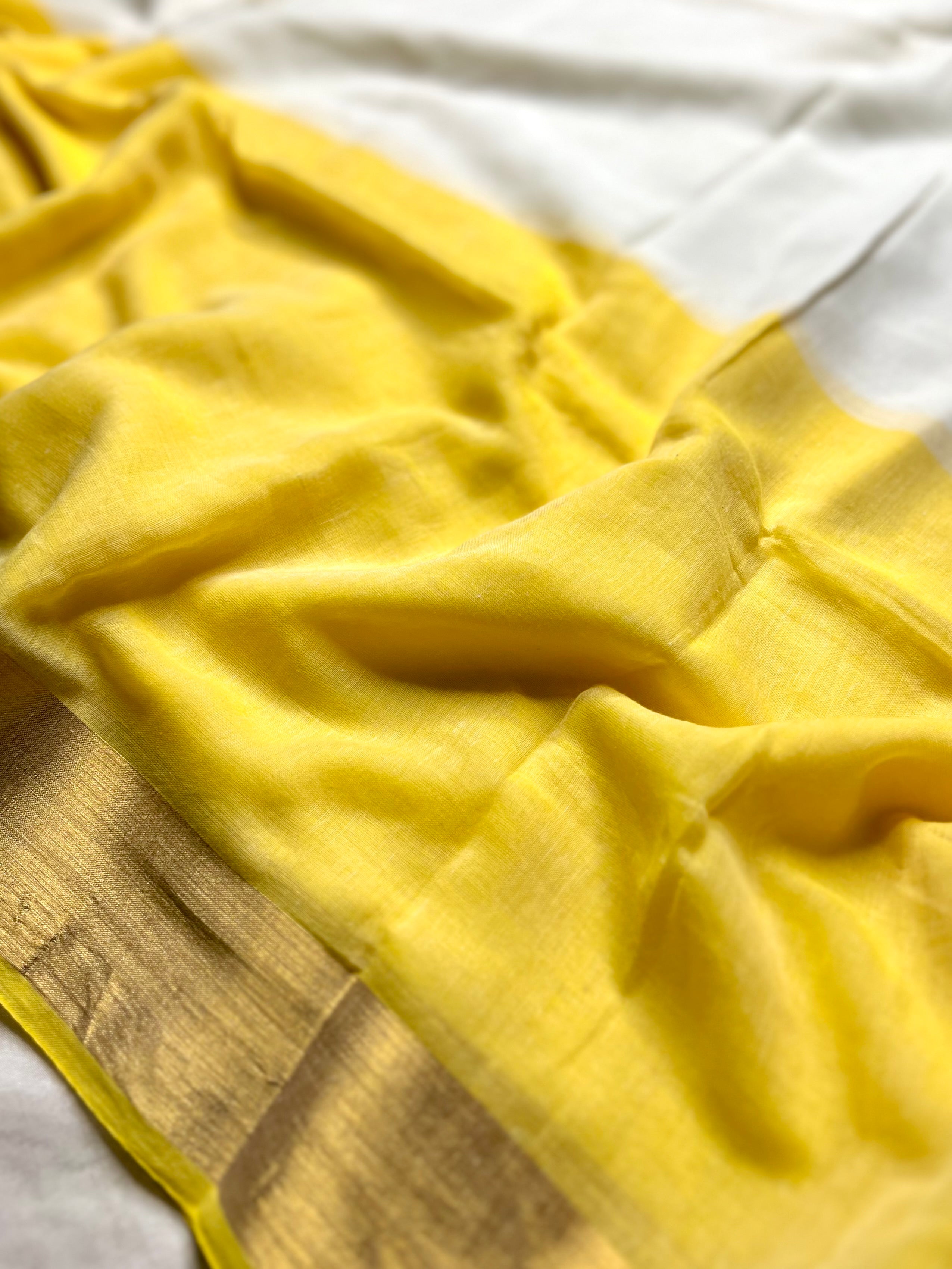 Handwoven Cotton Saree - Cream + Energy Yellow