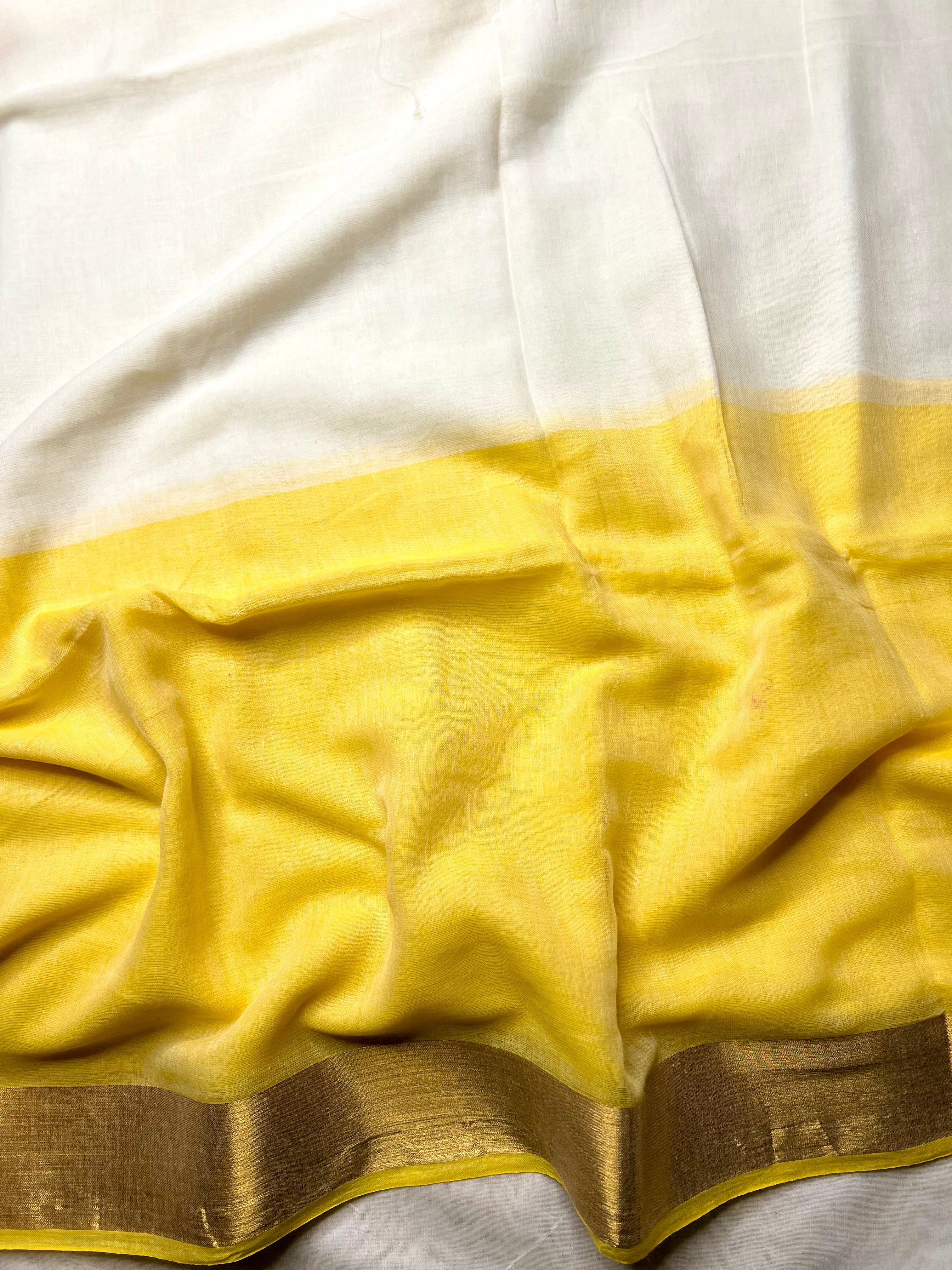 Handwoven Cotton Saree - Cream + Energy Yellow