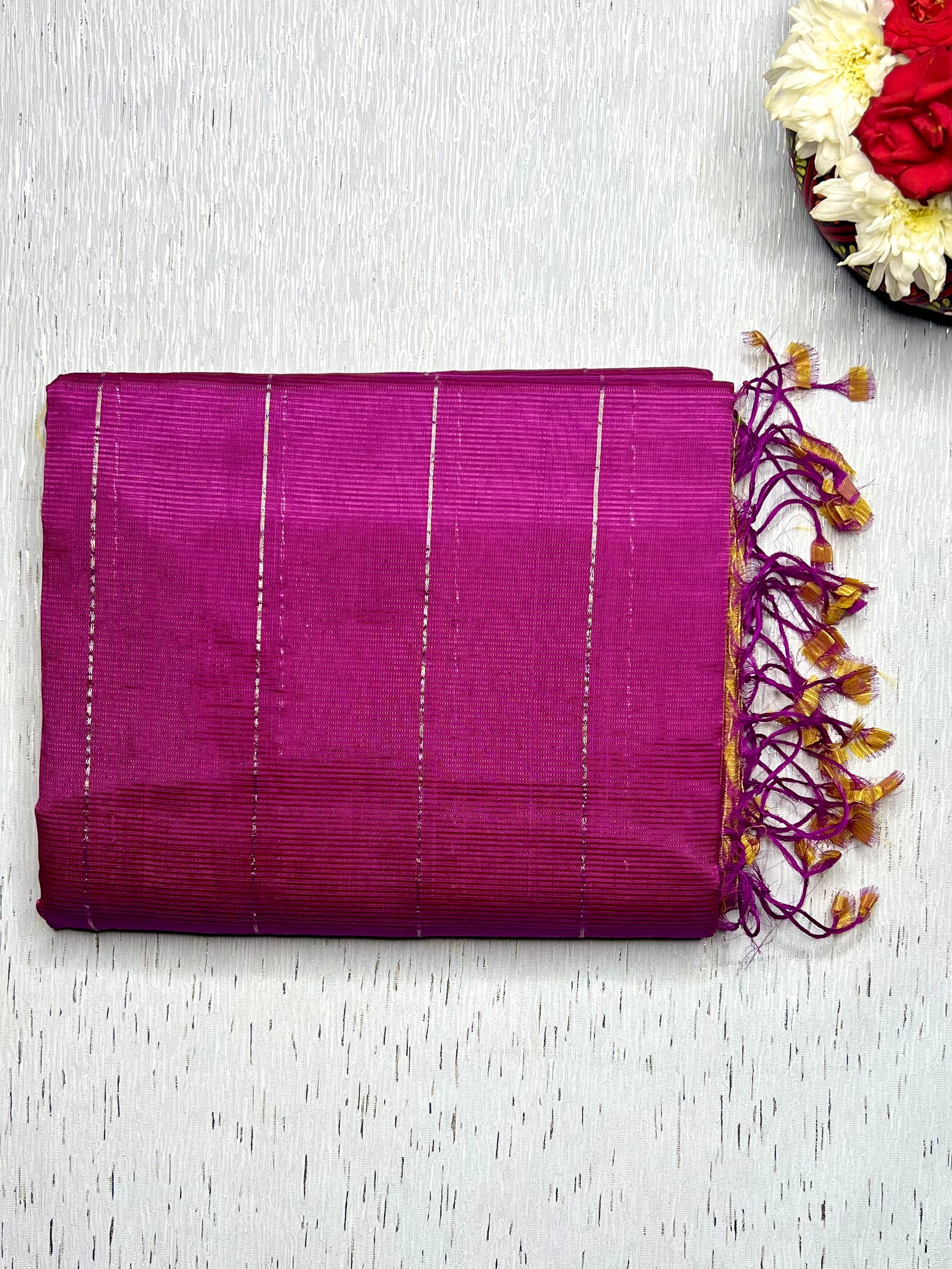 Handwoven Silk Cotton Saree - Cerise Red Violet + Sunshade Orange