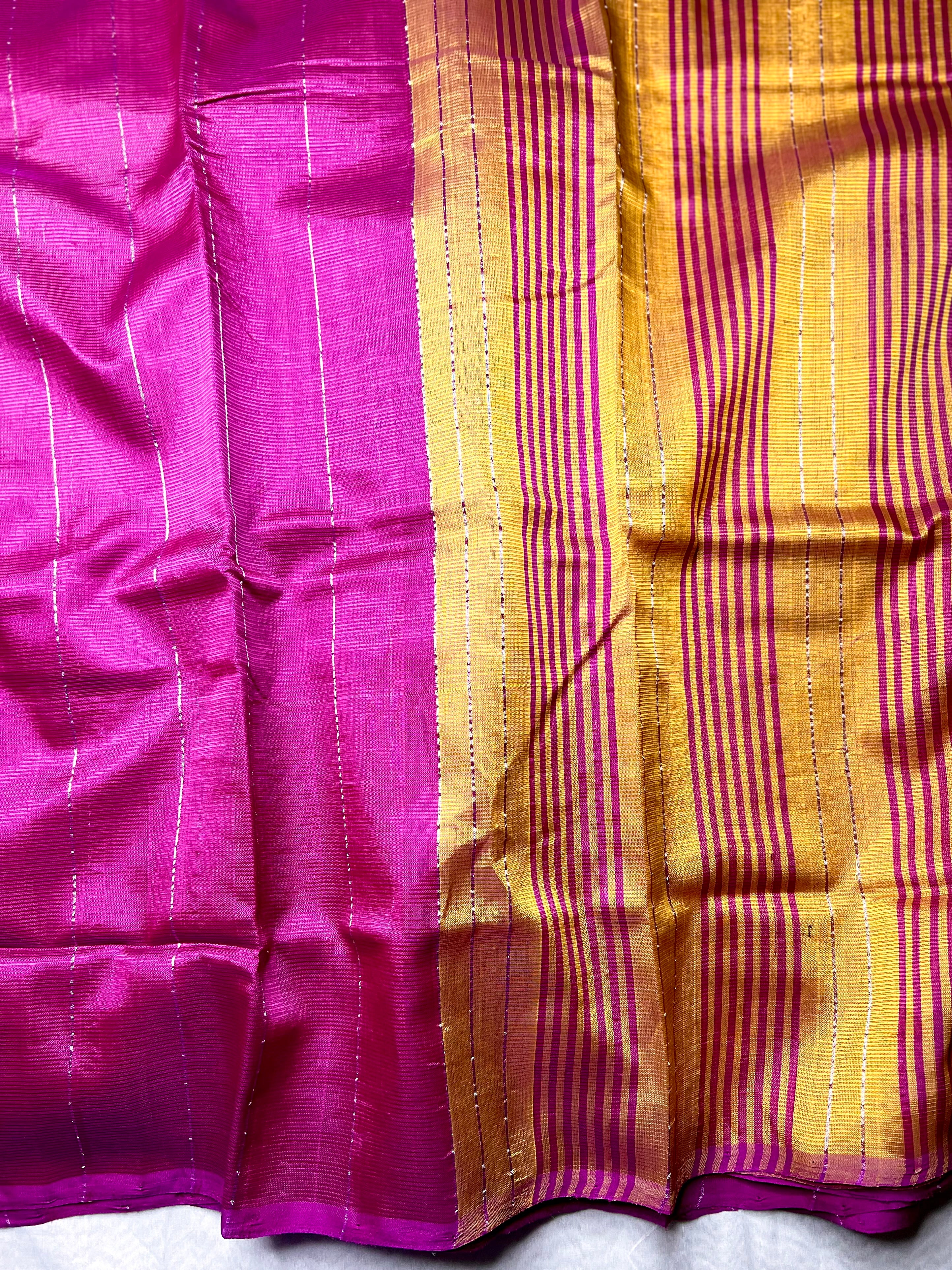 Handwoven Silk Cotton Saree - Cerise Red Violet + Sunshade Orange