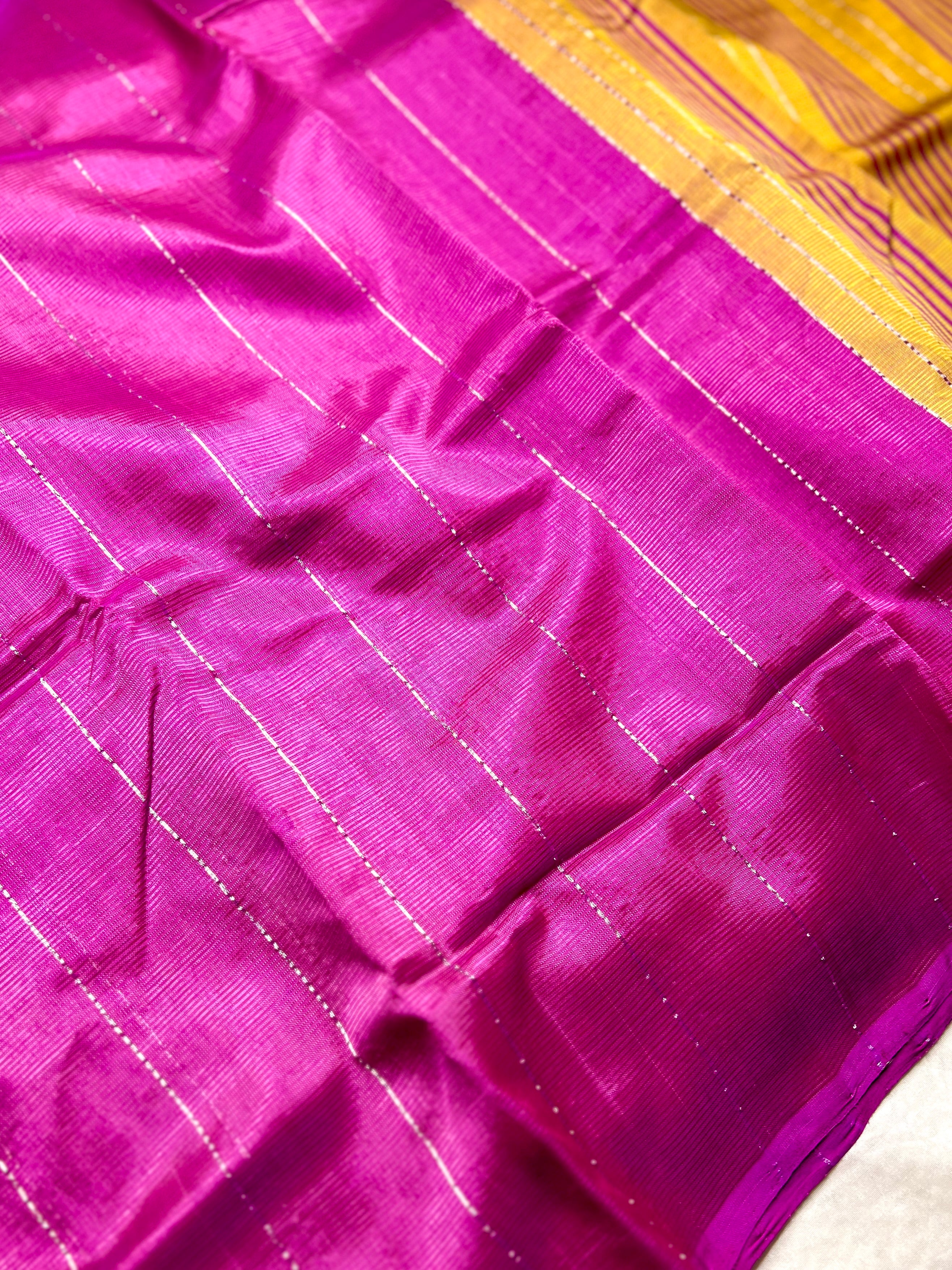 Handwoven Silk Cotton Saree - Cerise Red Violet + Sunshade Orange