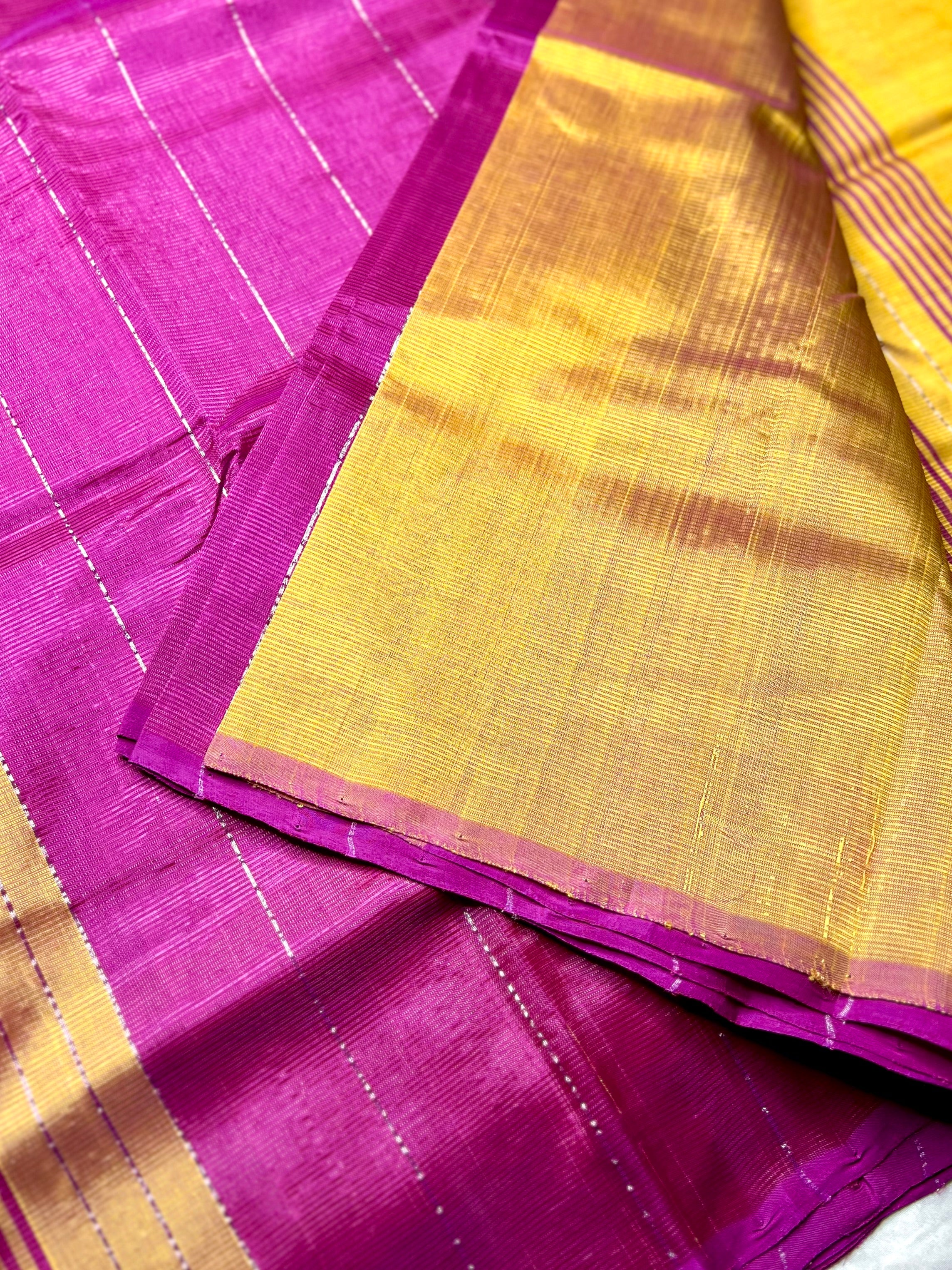 Handwoven Silk Cotton Saree - Cerise Red Violet + Sunshade Orange