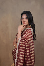 Load image into Gallery viewer, KOSI - Tissue Silk Saree - Congo Brown + Shimmer Gold
