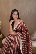 Load image into Gallery viewer, KOSI - Tissue Silk Saree - Congo Brown + Shimmer Gold
