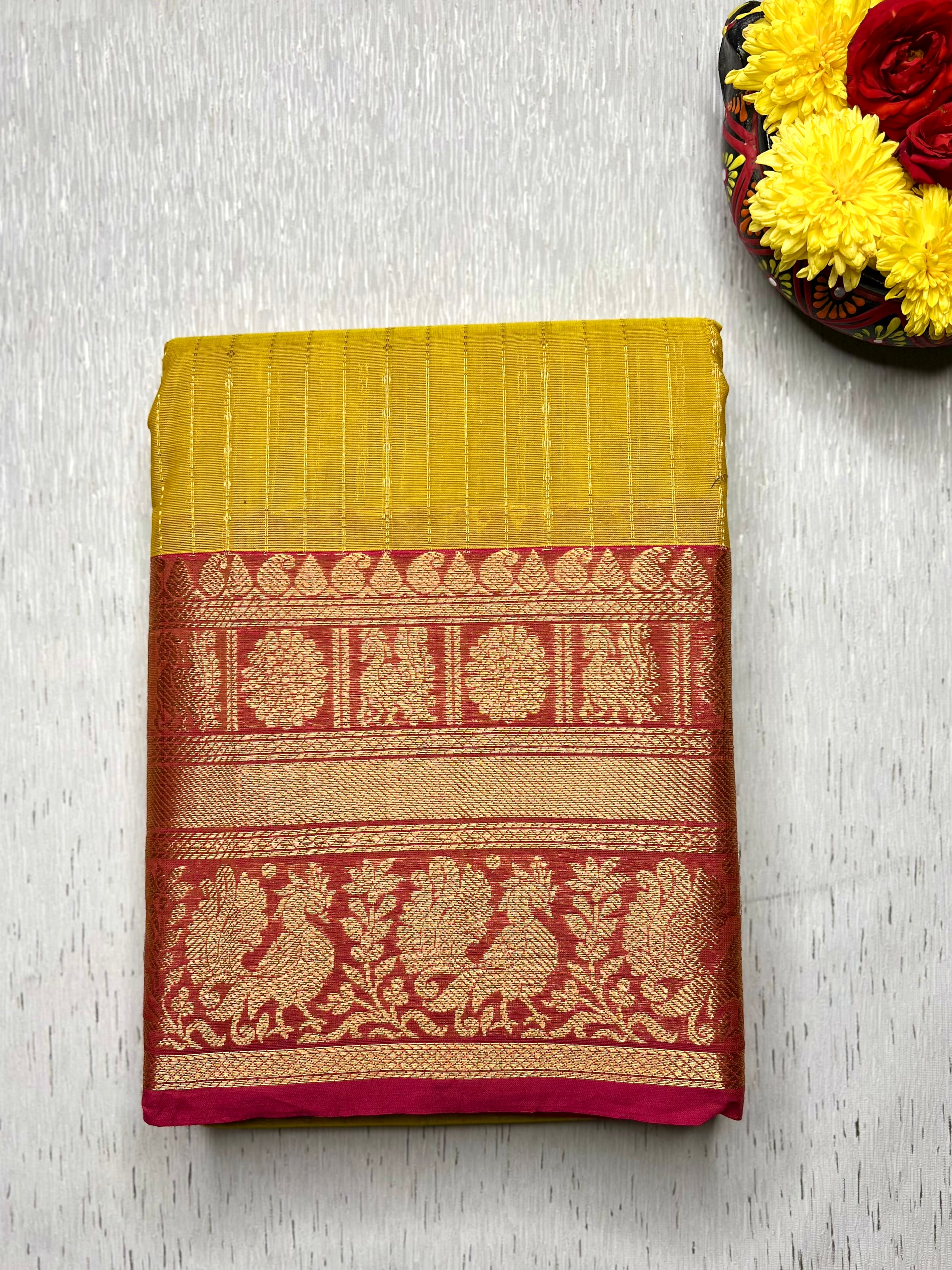 Kanchi Cotton Saree -  Fuel Yellow Gold + Mandy Pink