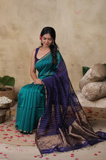 Load image into Gallery viewer, RIYA - Handwoven Silk Cotton Saree - Dark Turquoise + Curious Blue
