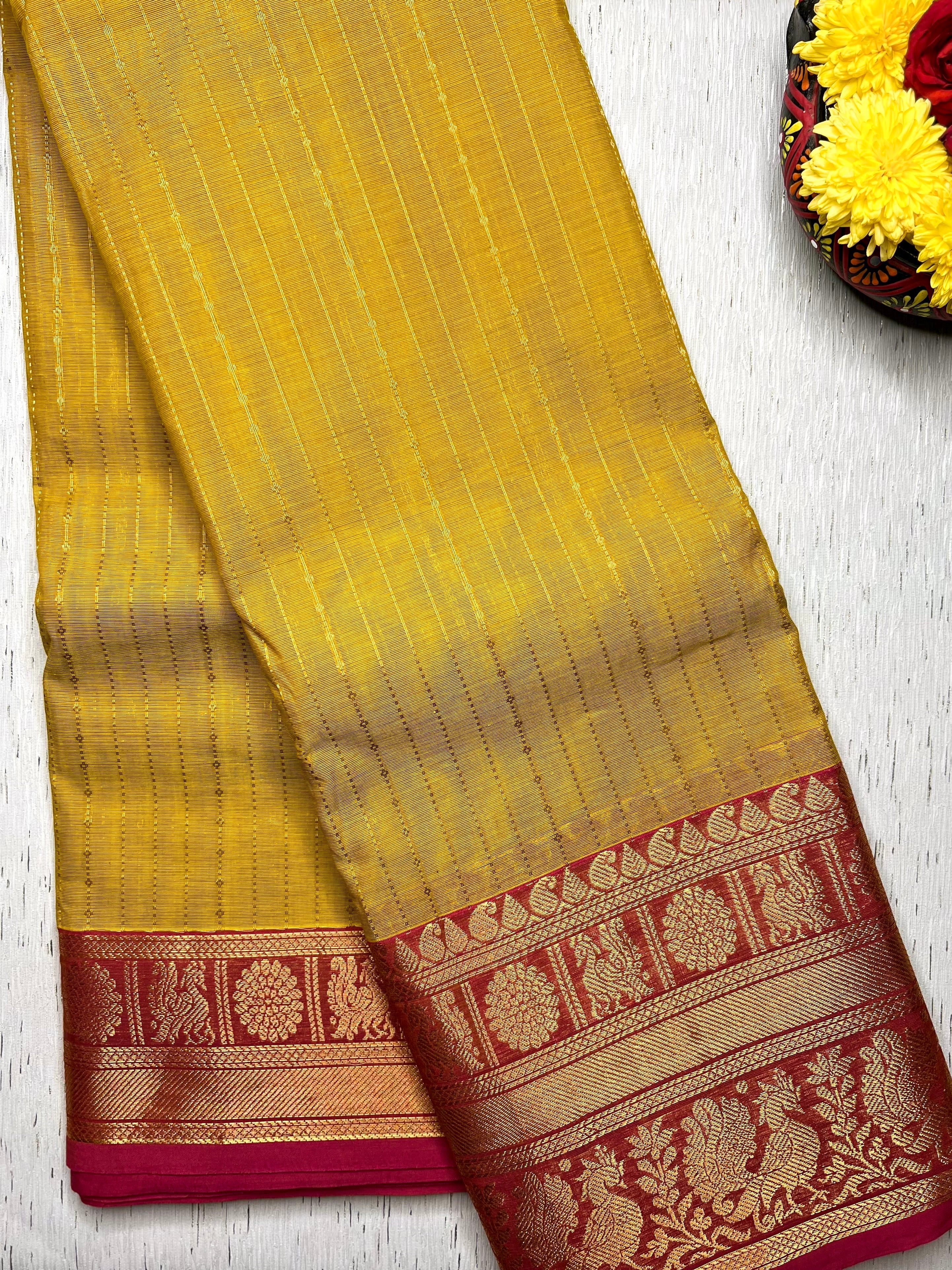 Kanchi Cotton Saree -  Fuel Yellow Gold + Mandy Pink