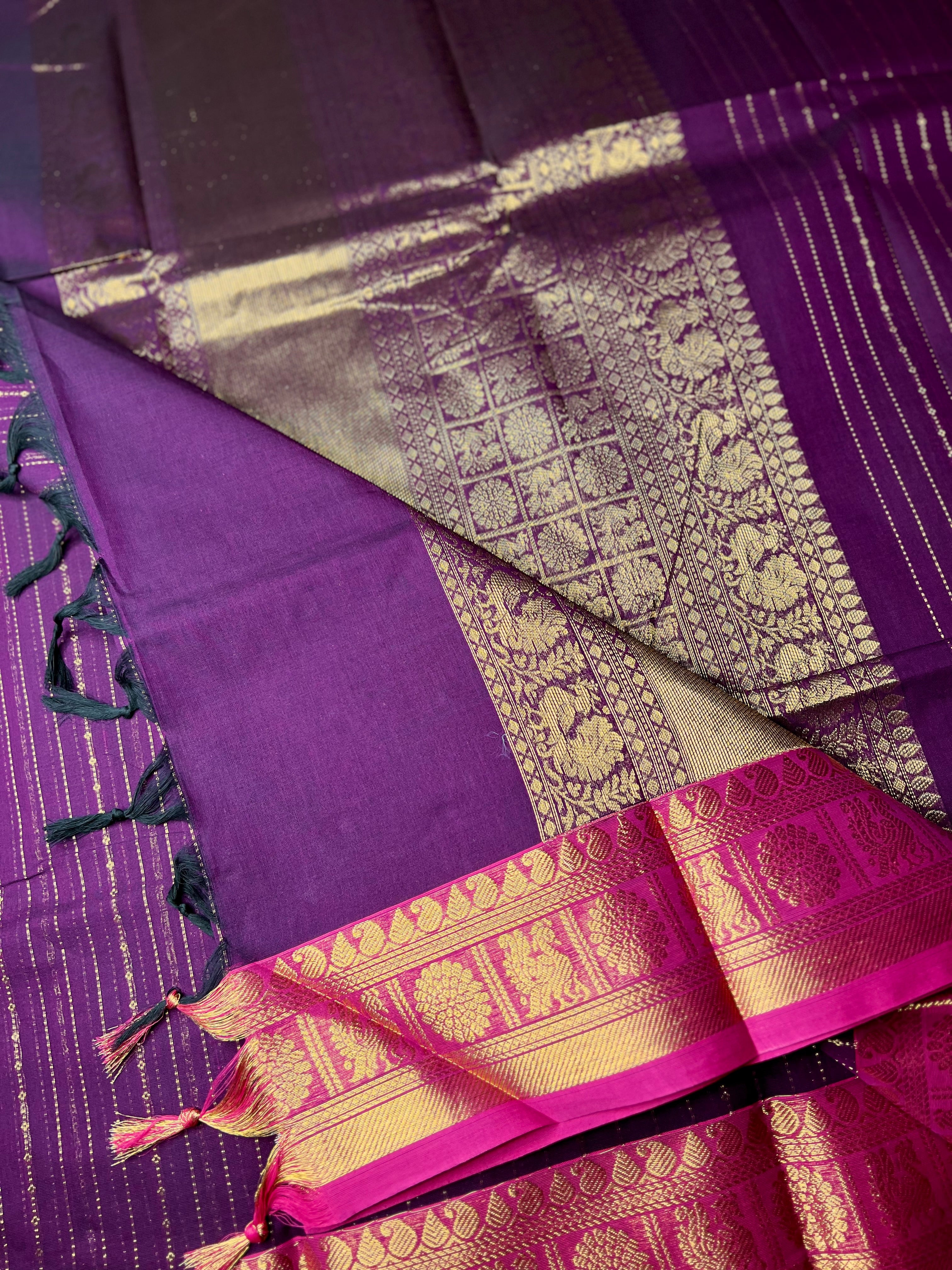 Kanchi Cotton Saree -  Plum Purple + Cerise Pink