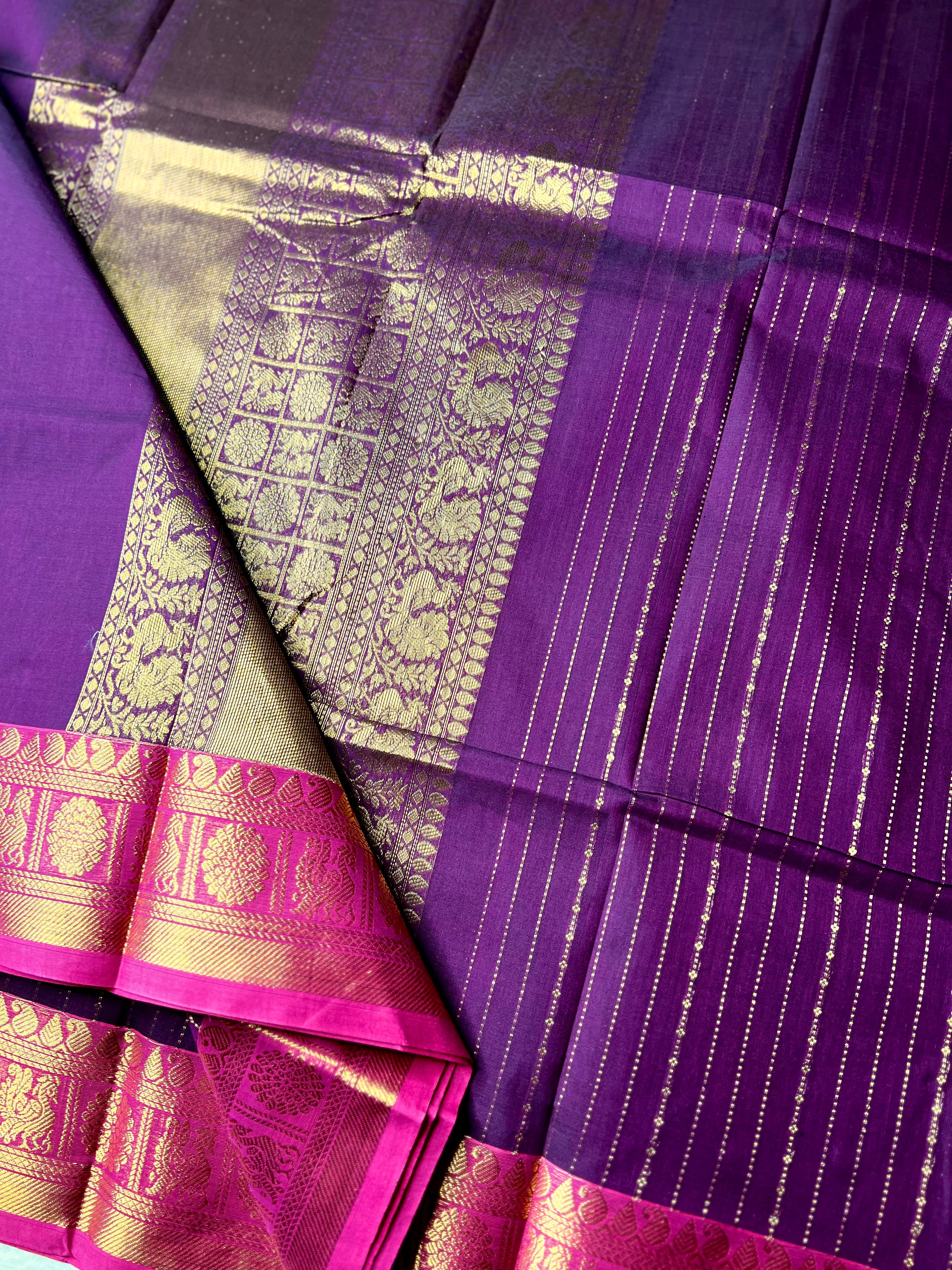 Kanchi Cotton Saree -  Plum Purple + Cerise Pink