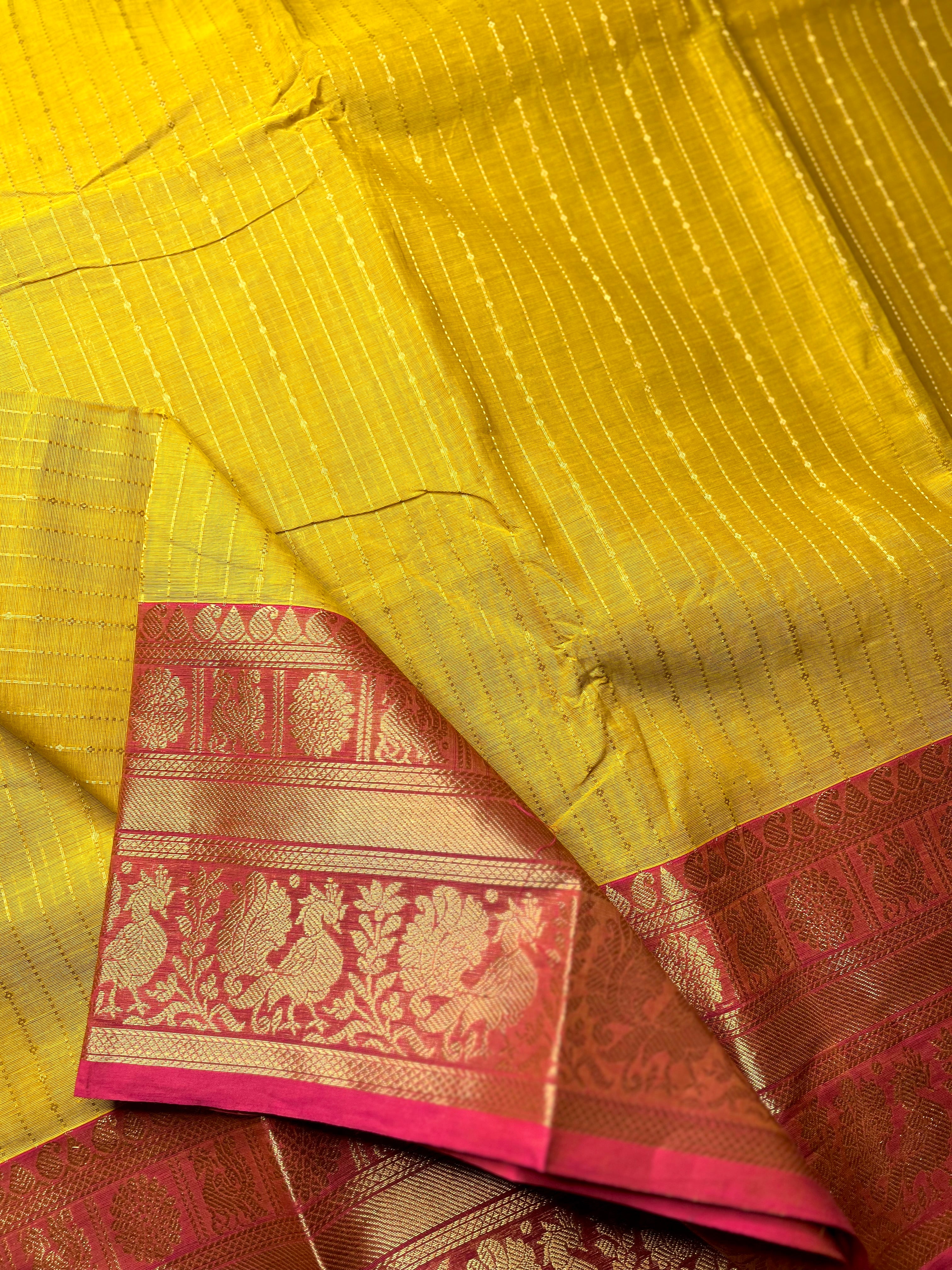 Kanchi Cotton Saree -  Fuel Yellow Gold + Mandy Pink