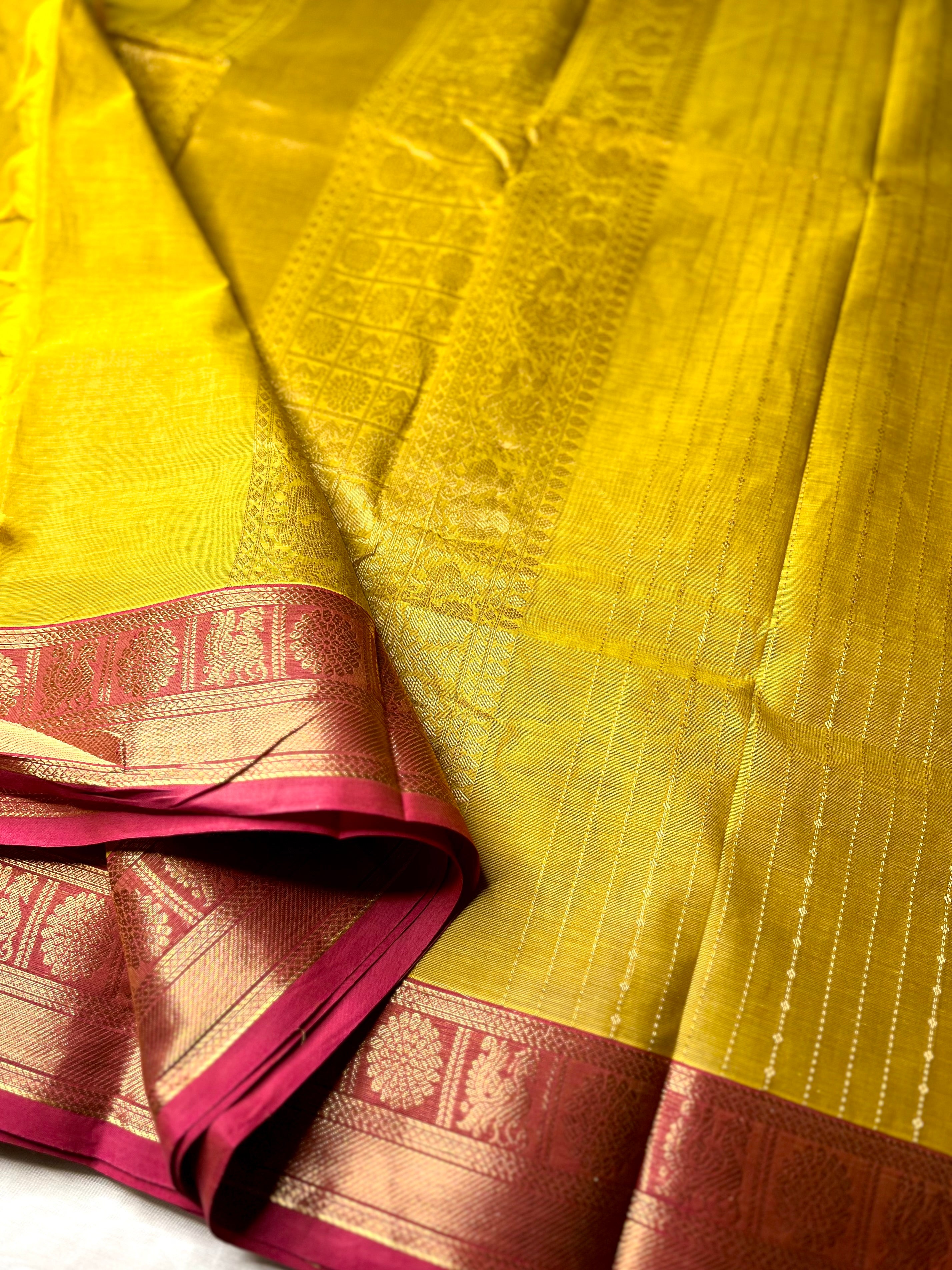 Kanchi Cotton Saree -  Fuel Yellow Gold + Mandy Pink