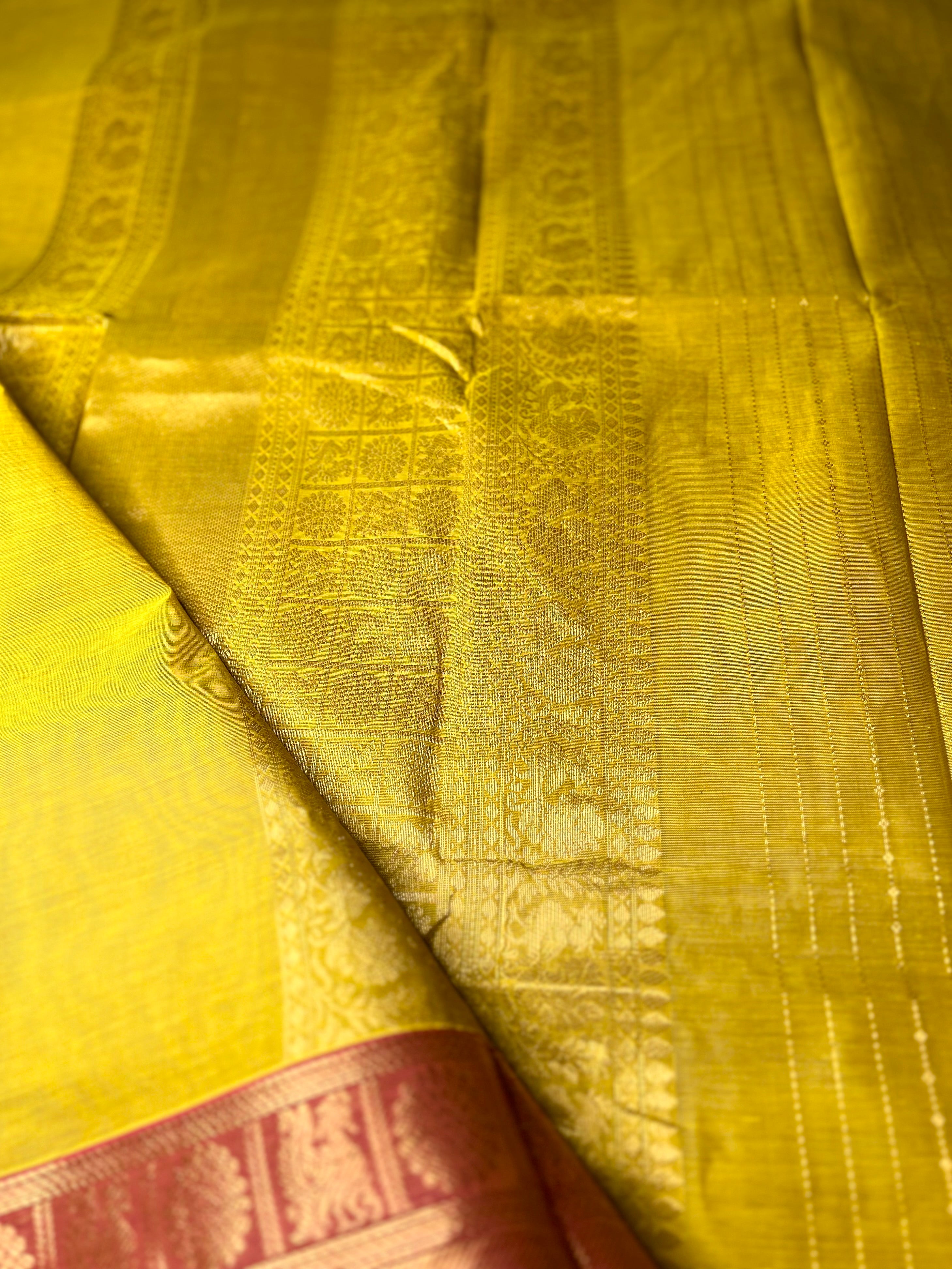 Kanchi Cotton Saree -  Fuel Yellow Gold + Mandy Pink