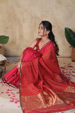 Load image into Gallery viewer, RIYA - Handwoven Silk Cotton Saree - Cardinal Pink + Curies Red
