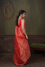 Load image into Gallery viewer, TARA - Handwoven Silk Cotton Saree - Crimson Red + Shimmer Gold
