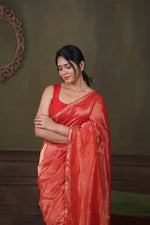 Load image into Gallery viewer, TARA - Handwoven Silk Cotton Saree - Crimson Red + Shimmer Gold
