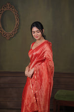 Load image into Gallery viewer, TARA - Handwoven Silk Cotton Saree - Crimson Red + Shimmer Gold

