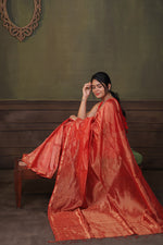 Load image into Gallery viewer, TARA - Handwoven Silk Cotton Saree - Crimson Red + Shimmer Gold

