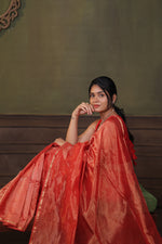 Load image into Gallery viewer, TARA - Handwoven Silk Cotton Saree - Crimson Red + Shimmer Gold
