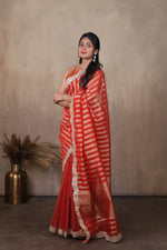 Load image into Gallery viewer, KOSI - Tissue Silk Saree - Bright Red + Shimmer Gold
