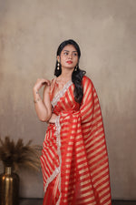 Load image into Gallery viewer, KOSI - Tissue Silk Saree - Bright Red + Shimmer Gold
