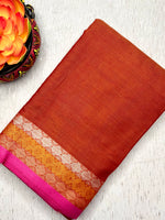 Load image into Gallery viewer, Handwoven Cotton Saree - Flamingo Orange + Solid Pink
