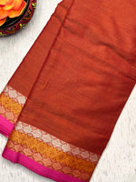 Load image into Gallery viewer, Handwoven Cotton Saree - Flamingo Orange + Solid Pink

