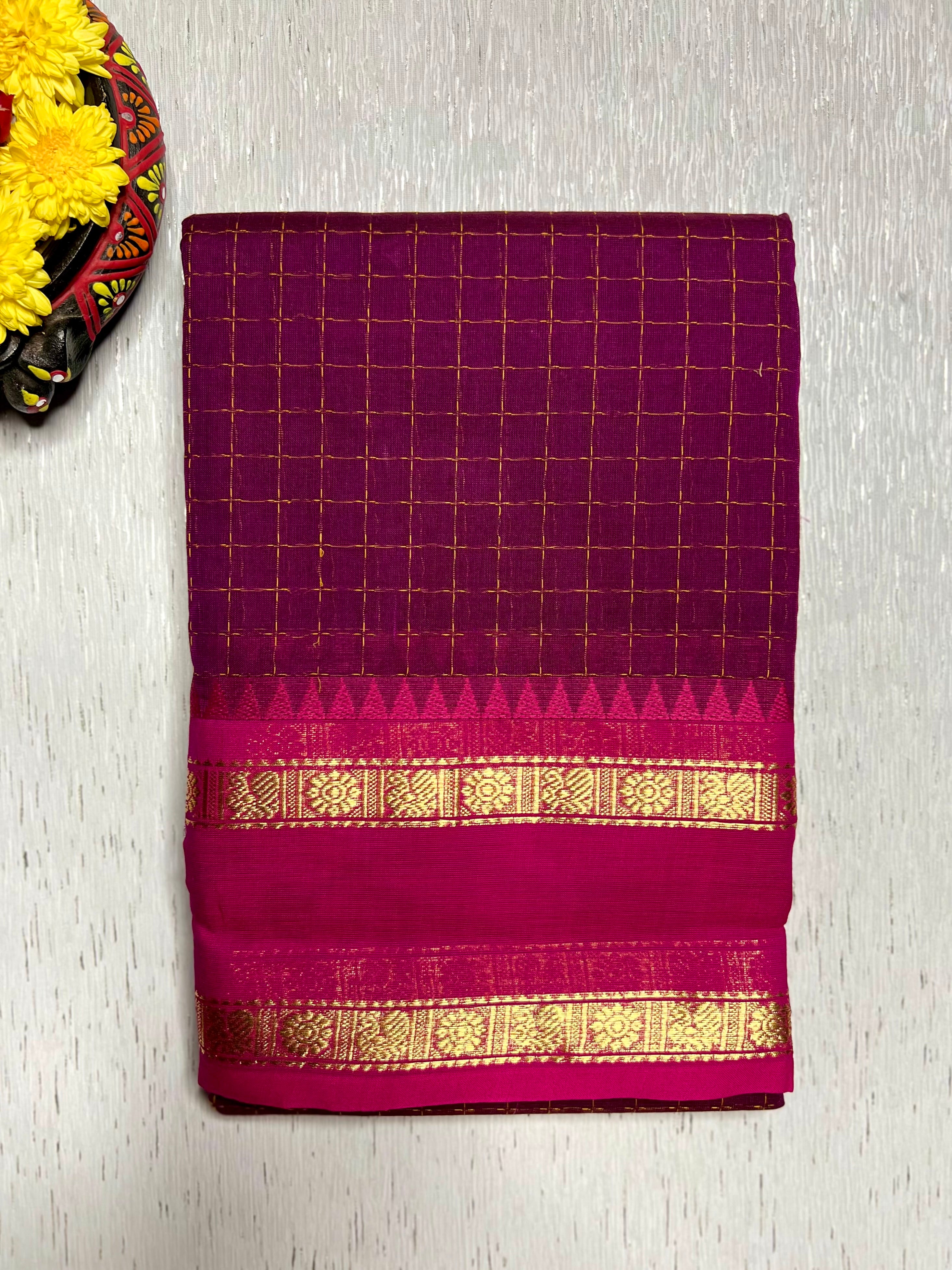 Chettinad Cotton Saree - Red Violet + Golden Grass