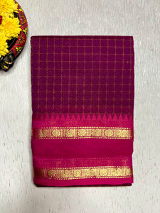 Chettinad Cotton Saree - Red Violet + Golden Grass